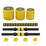 Set de deux haltères réglables design jaune et noir, sur un fond blanc.